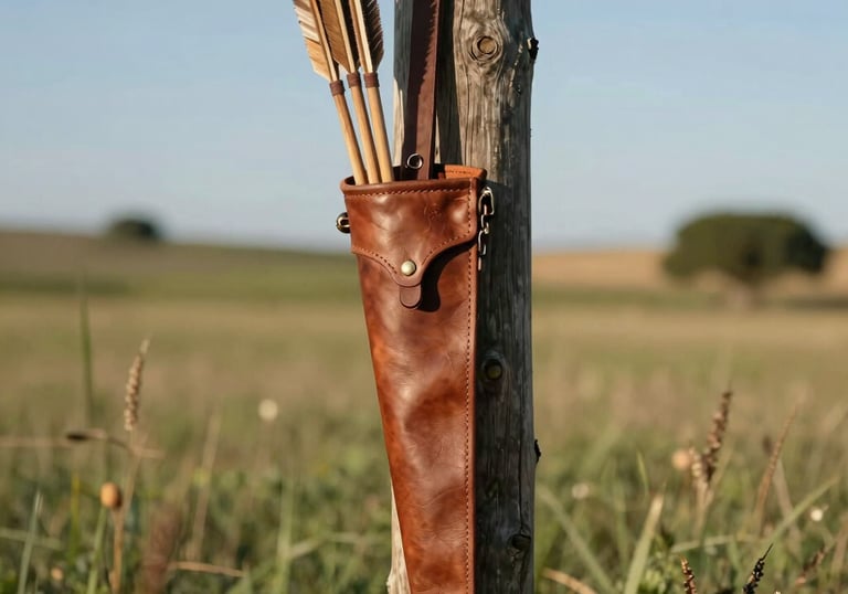 Photography of a hand-crafted leather quiver filled with cedar arrows, hanging from an old wooden post in a sunny meadow, Iberian Peninsula style.