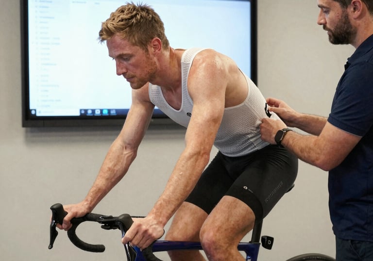 A podiatrist carefully examining a runner's foot in a bright clinic room.