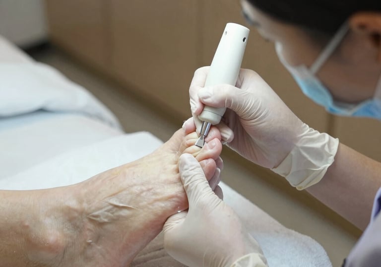 A podiatrist carefully examining a runner's foot in a bright clinic room.
