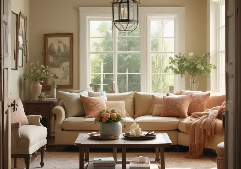 A charming bohemian-style nook with woven wall hangings, potted plants, and a rustic wooden bench.