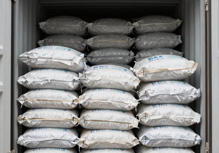 Close-up of fresh spices and pulses neatly packed for export.