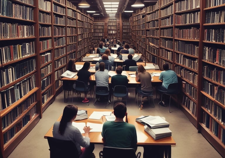 a man and woman sitting at a desk in a library