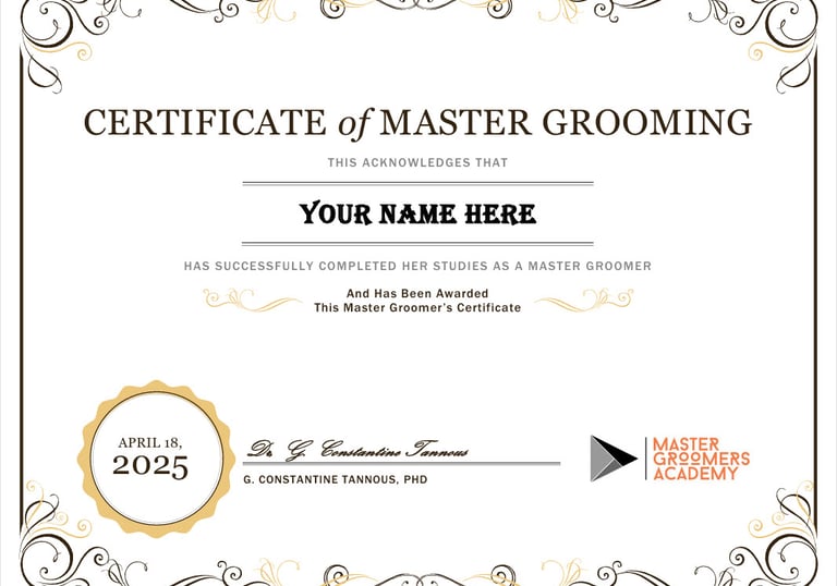 apicture of out Master Grooming Certificate from mastergroomersacademy.com