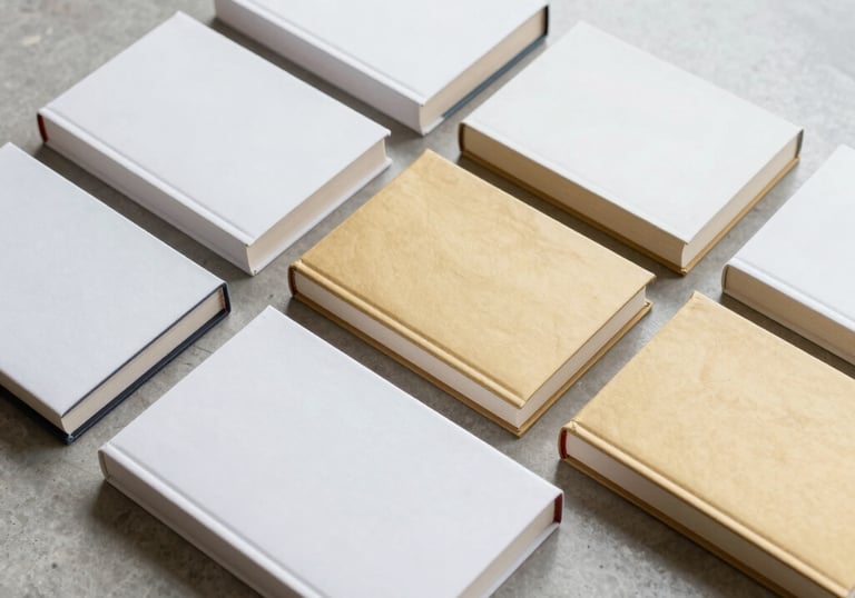 High-angle photography of a collection of minimalist academic books with white and gold covers, organized neatly on a light grey stone surface in a bright studio.