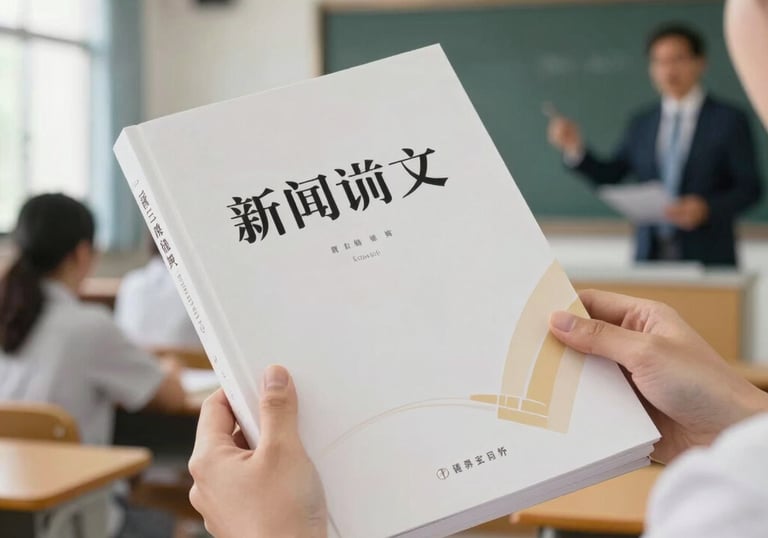 Close-up photography of a textbook being held by a teacher in a modern, well-lit classroom in Southeast Asia, focused on the clean design of the book cover with subtle gold accents.
