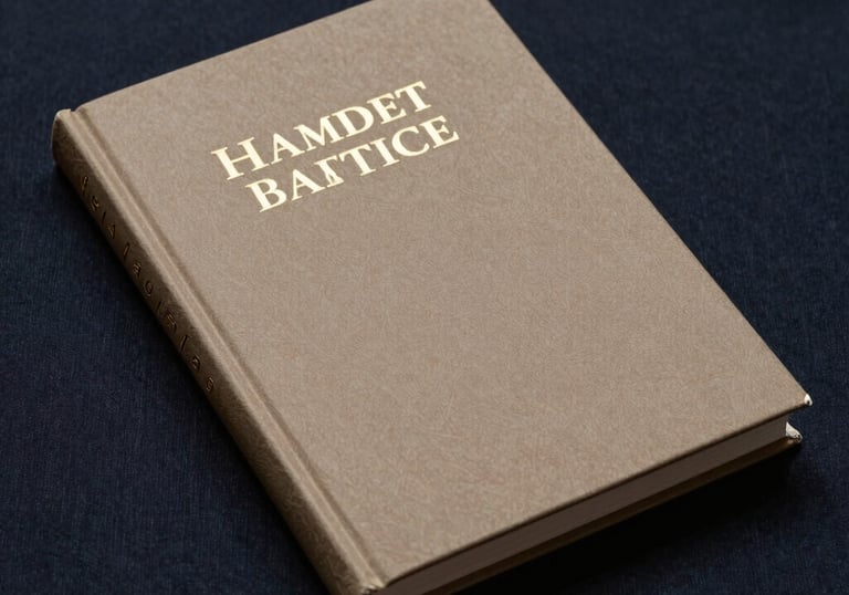 Photography of an elegant, hardcover literary journal with gold foil lettering on the cover, resting on a dark navy textile background with warm, professional lighting.