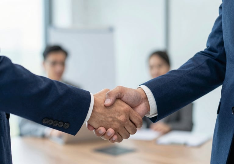 Two business professionals shaking hands in a bright, modern office, reflecting trust and successful partnership. Palette includes #1B3A5C and #E0F2F7.