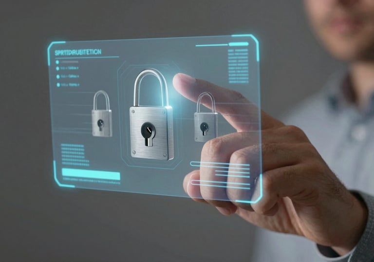 A close-up of a person's hand interacting with a holographic interface showing security locks and data streams, emphasizing data protection.