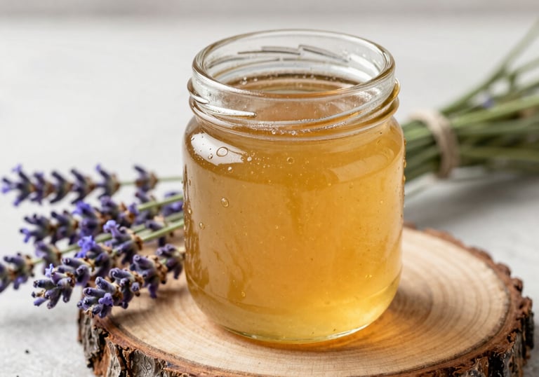 A 250ml glass jar of honey on a rustic wood slice, surrounded by wildflower lavender stems, soft natural side-lighting, elegant and gift-focused.