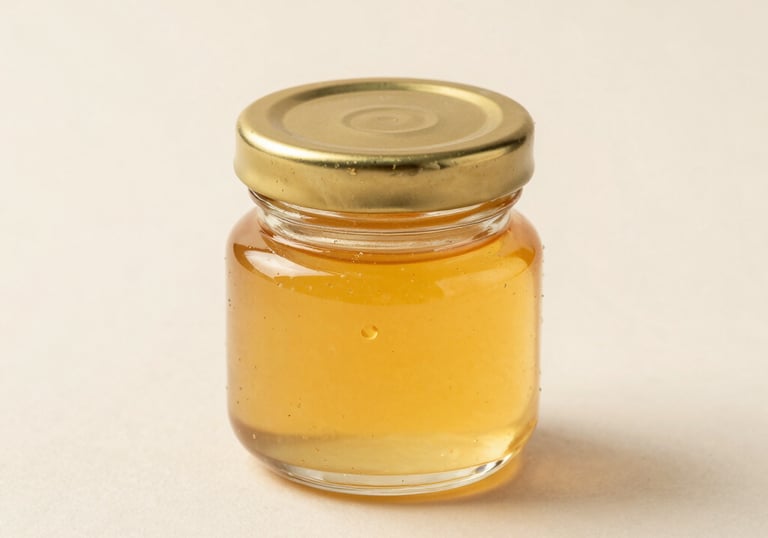 Professional product photography of a small 100ml clear glass jar with a golden lid, showcasing viscous honey yellow liquid, placed on a clean cream surface.