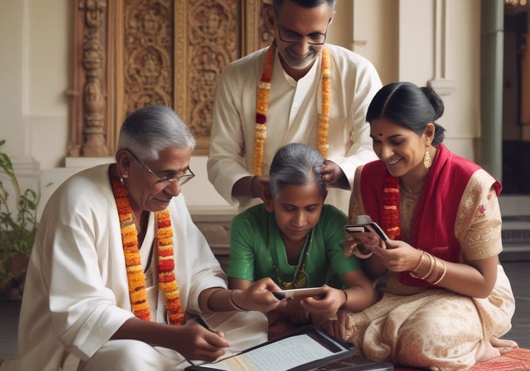 A family managing temple subscriptions with ease on tablet device.