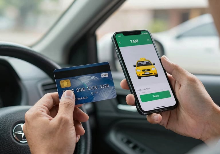 A close-up of a hand holding a credit card next to a smartphone showing a confirmed payment for a taxi ride. Background is the interior of a clean car in a Latinoamericano / Hispano setting. Trustworthy and professional mood.