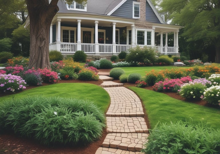 Picture of a landscaped garden with fresh plants and wooden deck.