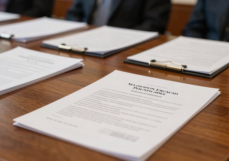 A close-up photograph of a formal North American meeting room setting, with polished wood and professional documents, symbolizing policy advocacy and institutional engagement.