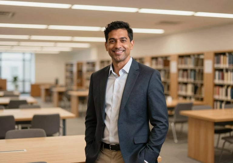 A professional portrait of a modern North American academic environment, featuring a brightly lit library with clean wooden tables and books, suggesting knowledge and empowerment. The lighting is warm gold and soft white.
