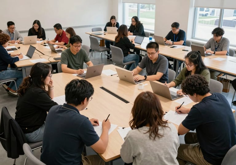 A high-angle photo of a community center workshop in Canada, showcasing a group of people focused on collaborative learning in a clean, professional, and empathetic environment.
