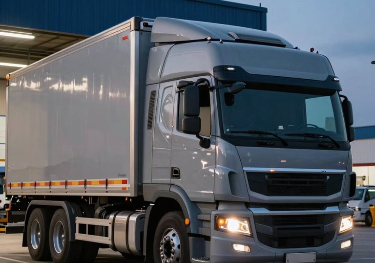 A professional commercial truck being loaded at a modern South American distribution terminal during twilight, with crisp slate grey and navy blue lighting.