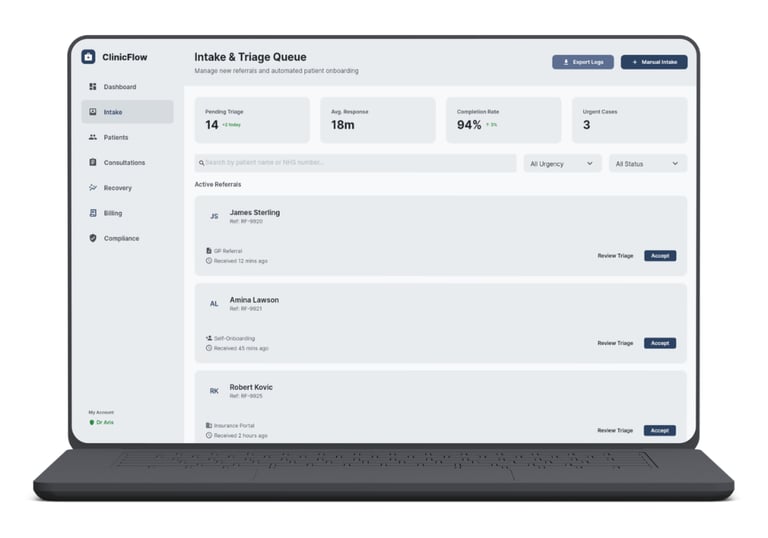 Screenshot of Healthcare platform showing intake and triage