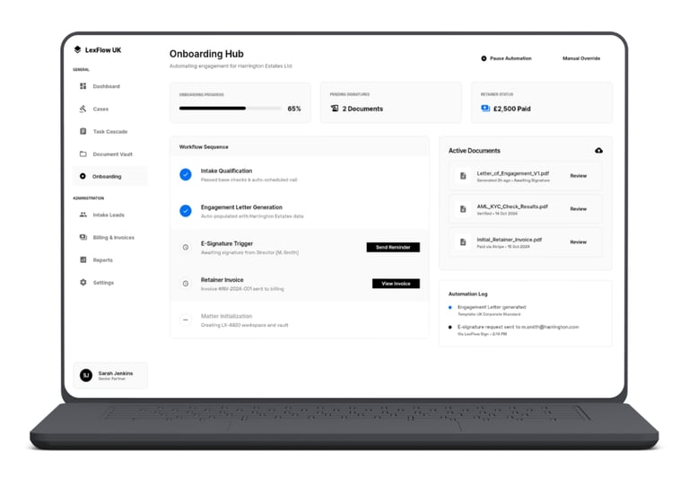screenshot of law firm platform showing automated onboarding procedure