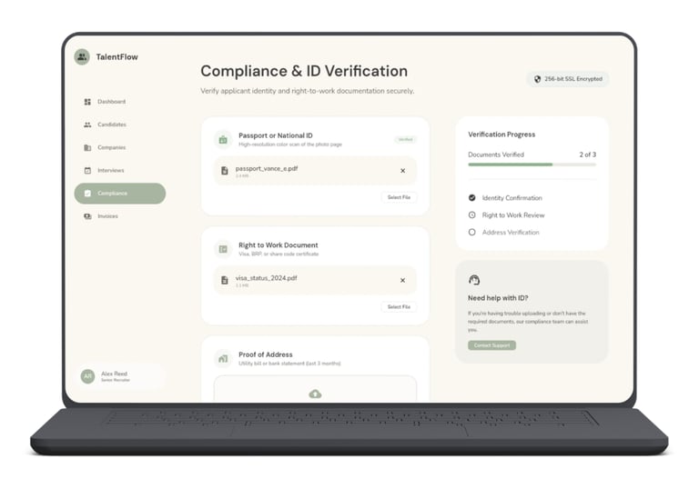 Screenshot of recruitment platform showing compliance checks