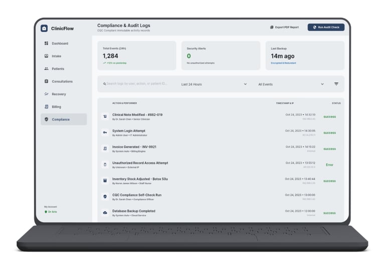 Screenshot of Healthcare platform showing compliance under CQC standards