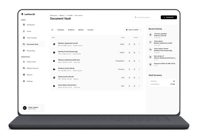 screenshot of law firm platform showing secure document vault