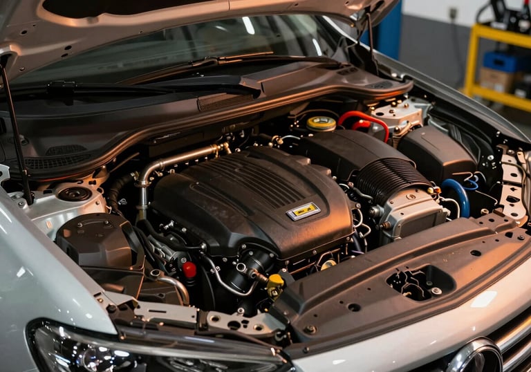 The clean and organized engine bay of a modern vehicle inside a South American / Brazilian repair shop, illuminated by sharp studio lighting with orange glow.