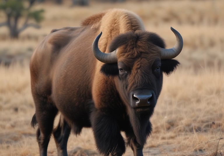 A healthy buffalo grazing peacefully in a green pasture under a clear sky.