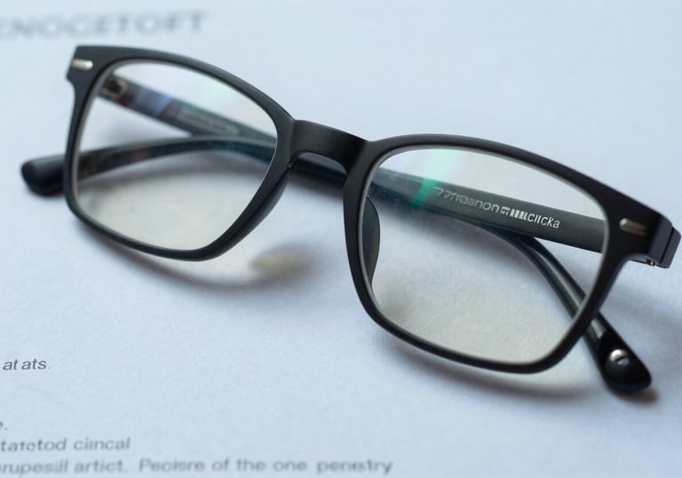 A close-up of a pair of reading glasses resting on a clear, simple contract with large legible text, soft light blue tones in the background, professional and clean aesthetic.