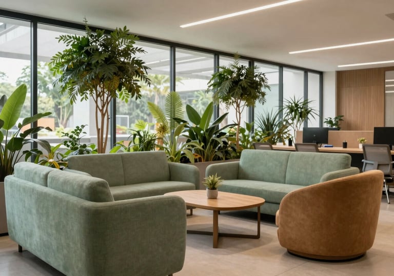 An interior shot of a modern, eco-friendly office lounge in Brazil with large windows, indoor trees, and comfortable seating in sage green and tan fabrics.
