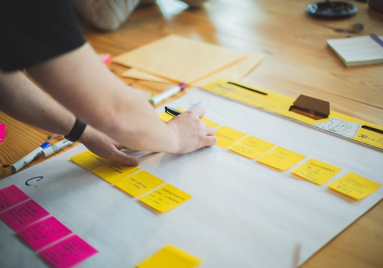 a person standing in front of a white board with sticky notes on it