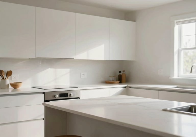 A pristine and pest-free modern kitchen in a North American / US home, soft off-white countertops, bright natural lighting, sense of peace.