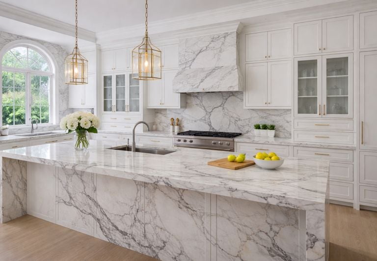 Elegant marble kitchen with gold accents