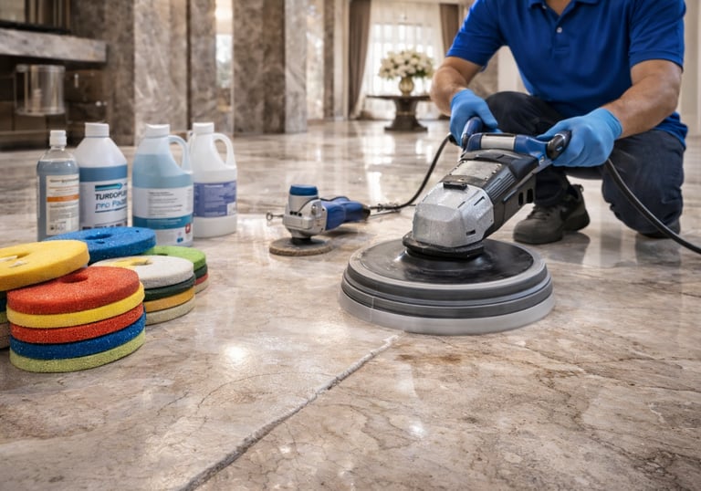 نقدم خدمات جلي وتلميع الرخام باستخدام أحدث المعدات لإعادة اللمعان الطبيعي، إزالة الخدوش، ومعالجة تفا