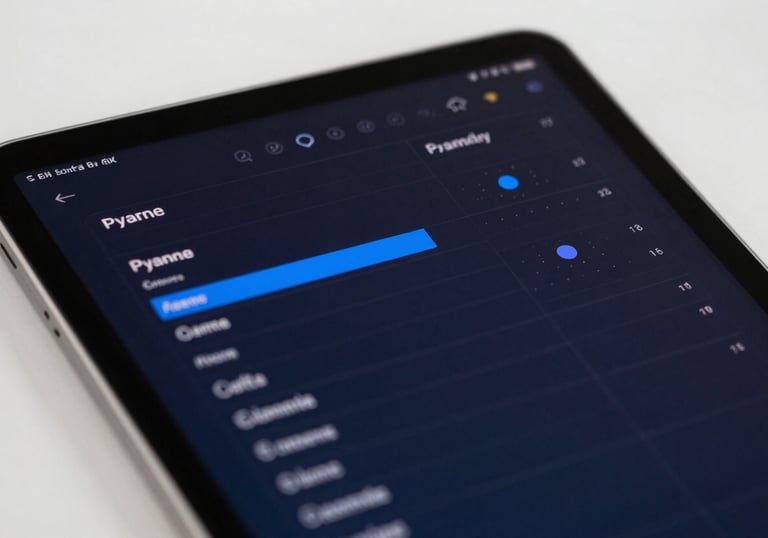 Close-up of a high-resolution tablet screen showing a clean, modern dashboard with dark navy and sky blue data points, soft studio lighting.