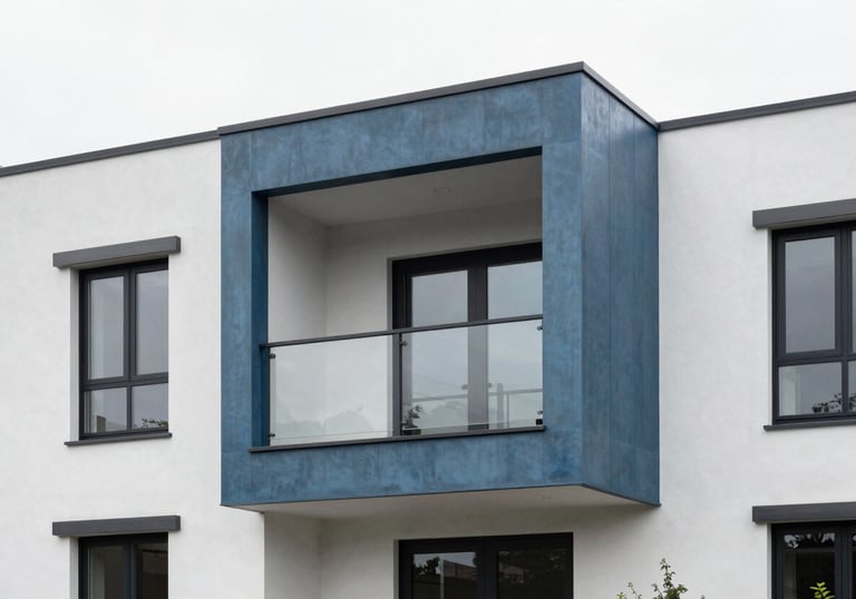 An architectural exterior photograph of a contemporary residential property with clean lines and muted steel blue accents against white walls.