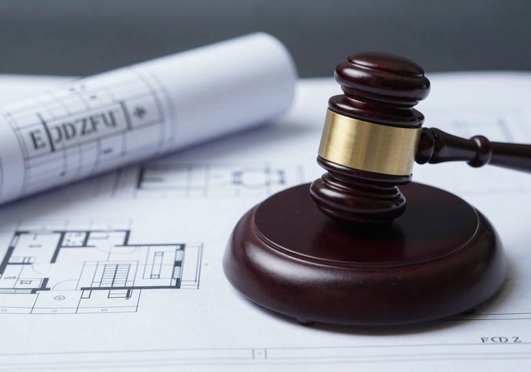 A legal gavel and a set of blueprints, representing compliance and rigorous standards. The lighting is professional and moody, using #1A202C and #EDF2F7.