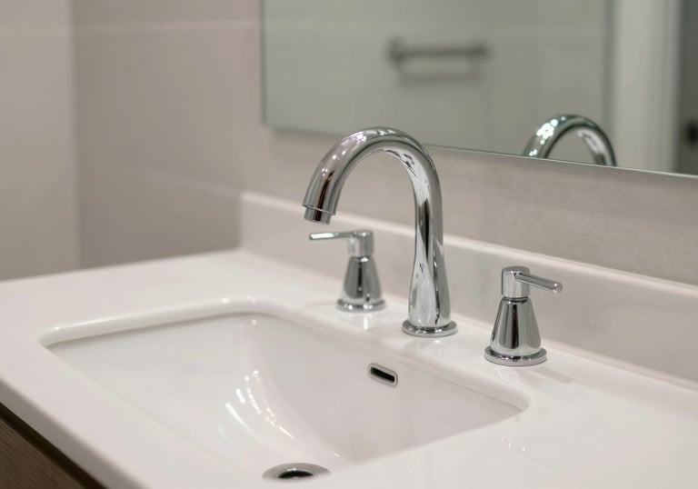 A sparkling clean, modern residential bathroom in Orlando, Florida, showcasing perfectly installed faucets and fixtures in a high-end home.