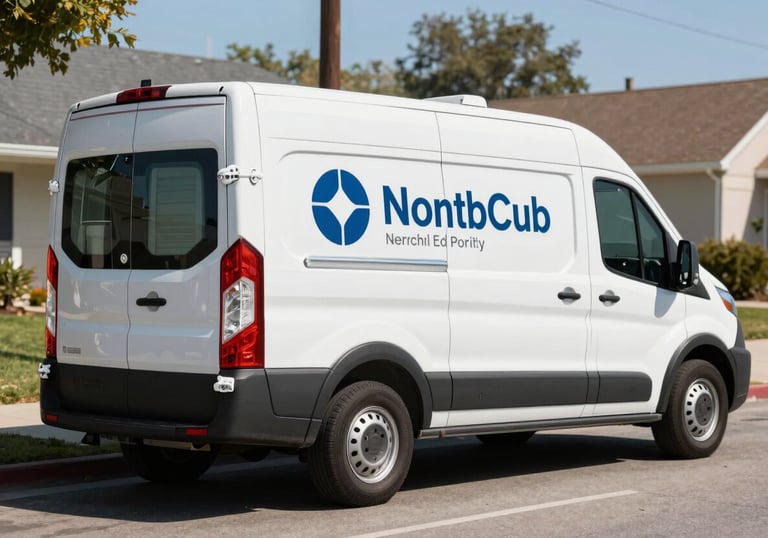 A modern mobile service van parked on a sunny North American suburban street, professional branding visible on the side, conveying trust and reliability.