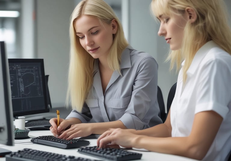 A professional teaching a small group of students using a digital tablet and fashion sketches.