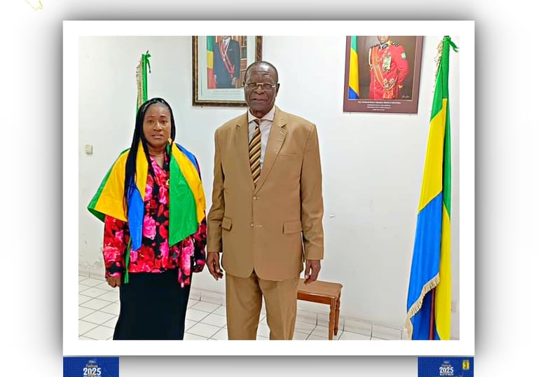 a man and woman standing in front of a flag