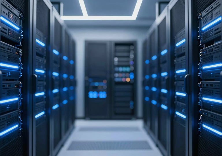 A sleek, high-tech server room with glowing blue LED strips, clean and symmetrical composition, representing technological engineering roles and modern efficiency.