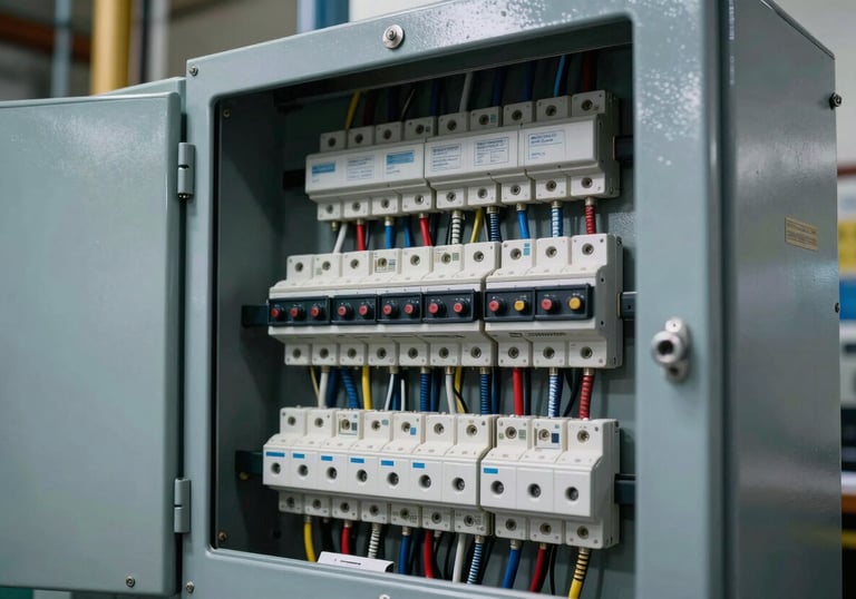 A photograph of a modern electrical panel and circuit layout in a North American / US facility, showcasing precision wiring and steel blue casing.