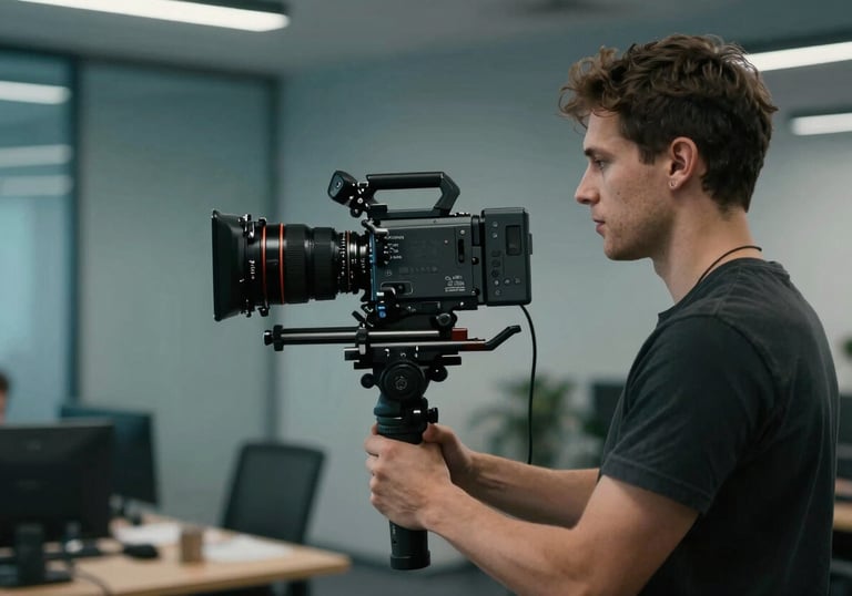 A professional filmmaker with a high-end cinema camera on a stabilizer, filming in a modern corporate setting. Professional lighting, deep teal and muted blue color palette.