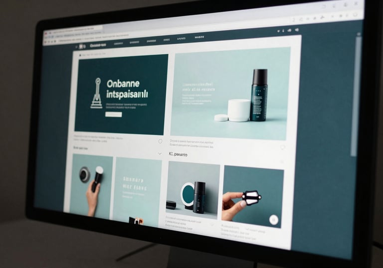 A close-up of a high-resolution designer monitor displaying modern brand guidelines and creative assets. Soft studio lighting, deep teal and pale mist colors.