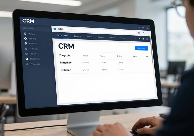 A sleek digital interface of a CRM system being used on a desktop computer in a bright, modern marketing office. Muted blue and dark navy interface elements.