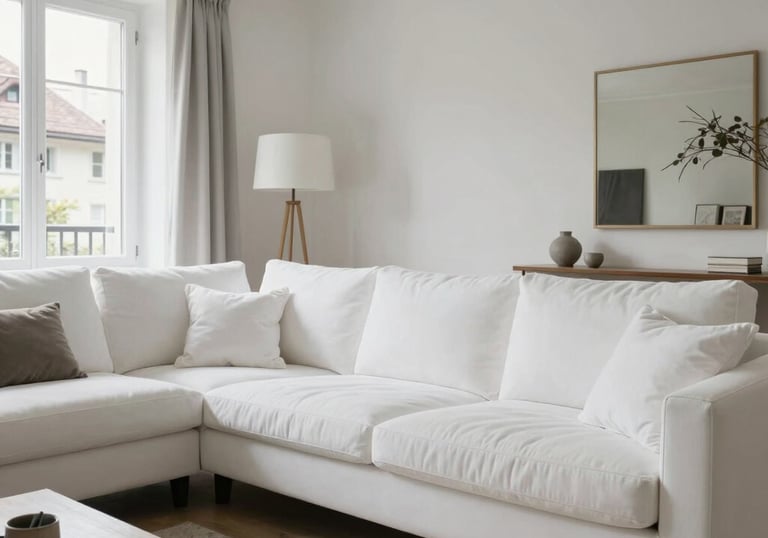 Un appartement Airbnb de luxe en Suisse, salon parfaitement rang9, linge de maison blanc frais, ambiance lumineuse et s9duisante, style contemporain.