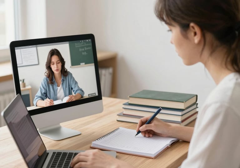 A friendly tutor and student engaged in an online English lesson.