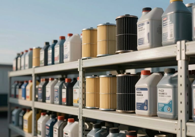 Photography of organized metal shelves holding new automotive filters and fluid containers, clean workshop environment, sky blue and off-white palette.