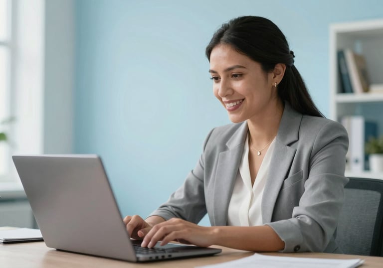 A Guatemalan professional in a professional setting, smiling while looking at a laptop screen in a bright, modern interior with light blue decor.